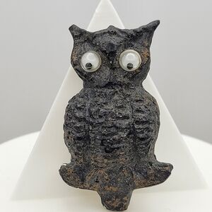 Unique Vintage Black Owl Figurine Clay Googly Eyes Safety Pin Handmade Brooch